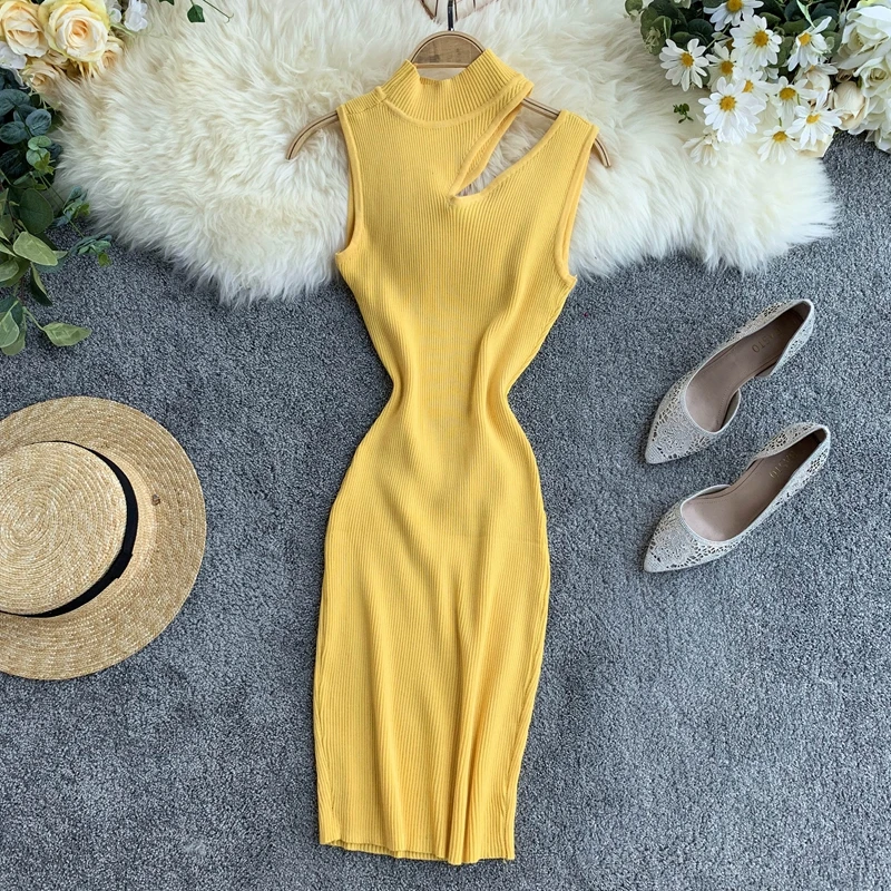 OCEANLOVE Knitted Sexy Dress Hollow Out Sleeveless High Waist Women Midi Dresses Summer Bodycon Retro Slim Vestidos 12431