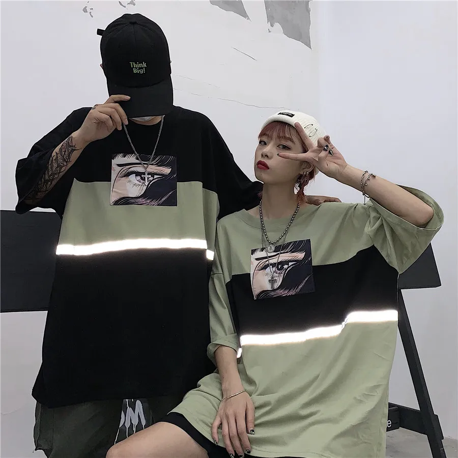 CheerSolo Harajuku негабаритная Футболка женская светоотражающий летний топ мультфильм аниме футболка Черная зеленая футболка Японская уличная одежда