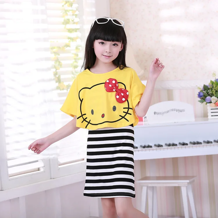 Комплекты одежды для девочек Футболка с принтом hello kitty + платье в полоску детская