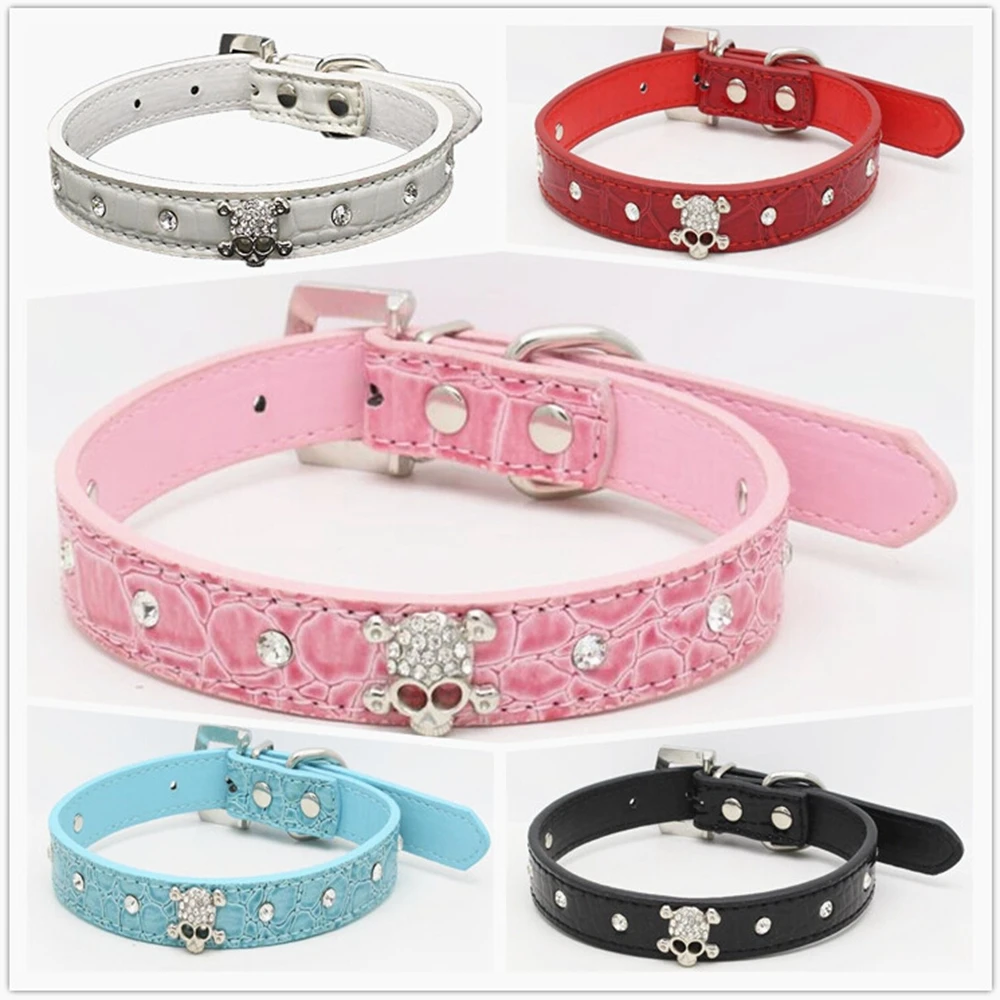 Skull Crystal Croc PU Leather Dog Collar with Diamond Buckle Black Blue Red Rose