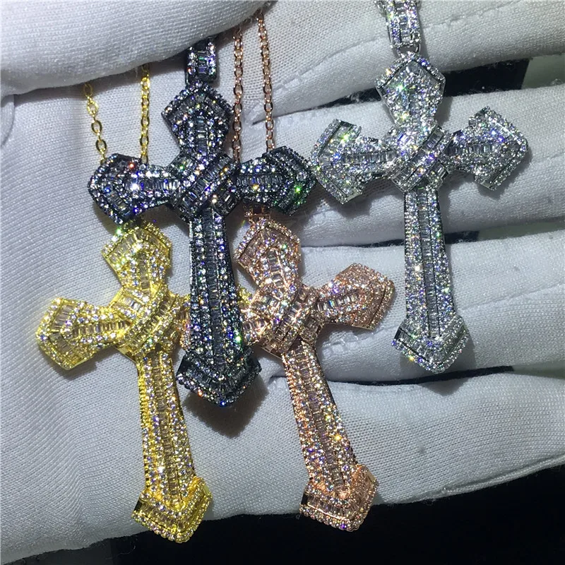 Роскошный 4 цвета большой крест кулон с ожерельем из стерлингового серебра 925