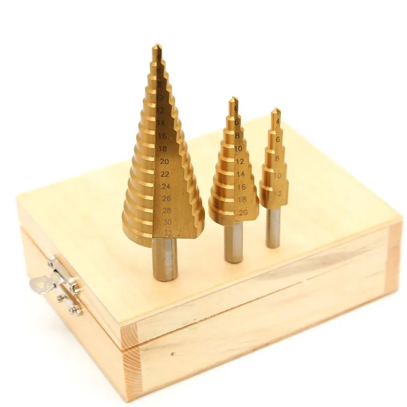 Набор ступенчатых Сверл из быстрорежущей стали комплект 3 насадок с титановым