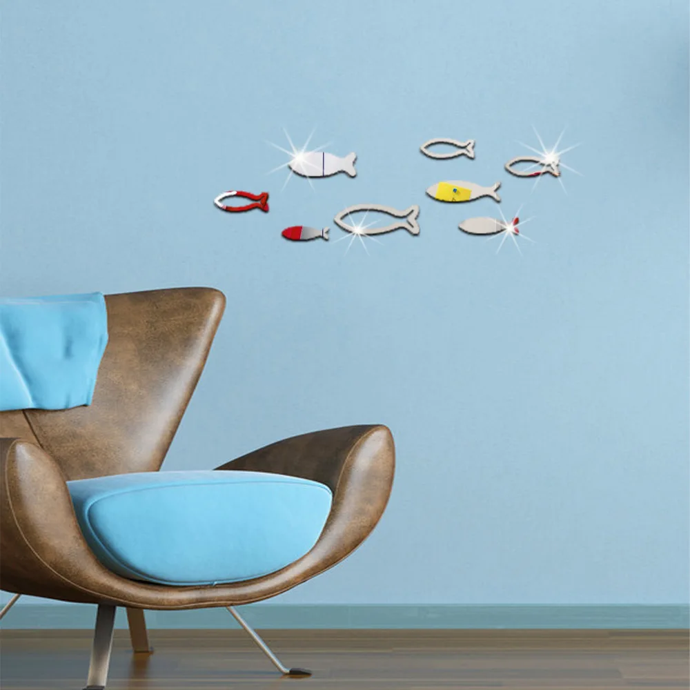 

8 Pcs/Set Fashion Home Decor Fish Design Mirror Wall Stickers Gold Silver Room Decorative Mirrors Sticker DIY Mural Art Decals