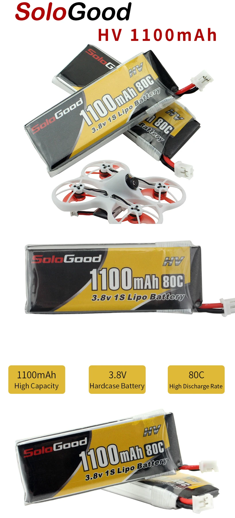 5 шт. SoloGood Lipo батареи 1S 3,8 V 1100mAh 80C перезаряжаемые батареи с PH2.0 разъем для внутреннего гоночного дрона игрушки