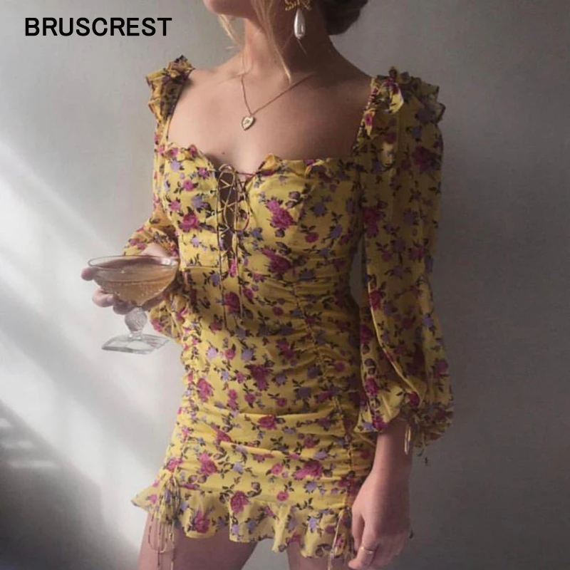 Summer dress 2020 boho yellow floral mini women beach vintage sexy ruffle chiffon party casual korean vestidos | Женская одежда