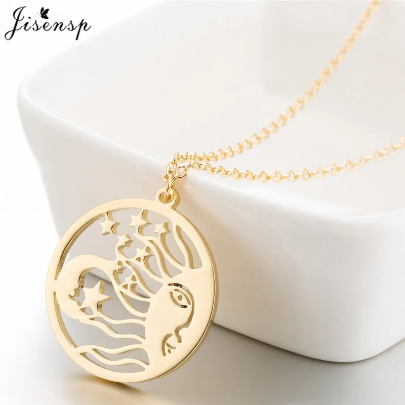 Jisensp Unique Round Sun Moon and Stars Pendant Necklace for Women Gothic Style Star Long Chain Jewelry Gift | Украшения и