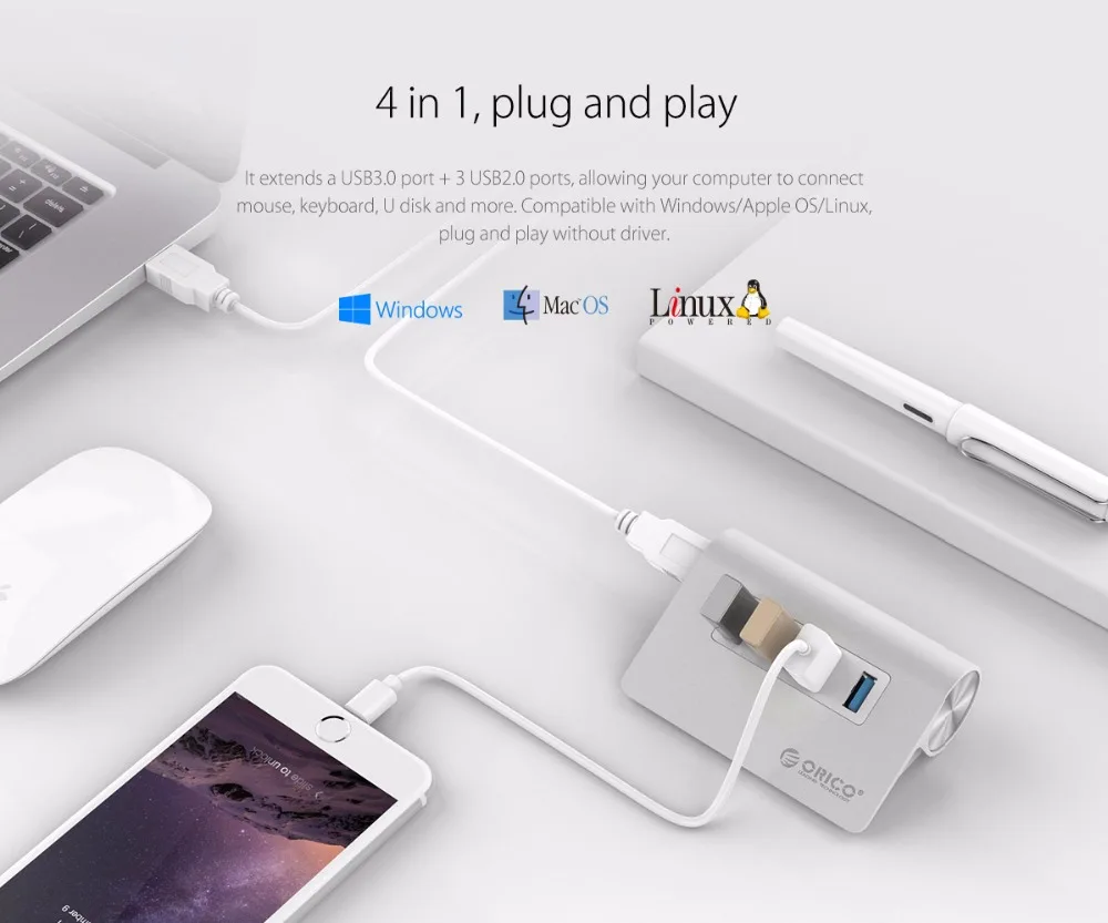 ORICO USB разветвитель 1 Порты и разъёмы USB3.0+ 3 Порты USB2.0 Алюминий Сплав Рабочий стол USB Hub для Mac Дизайн телефона Tablet USB устройств M3H4-U32