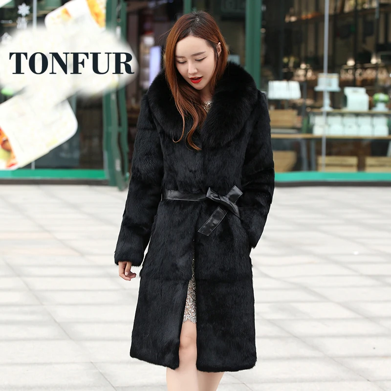 2019 Factory Direct Price Women Winter X Long Real Genuine Rabbit Fur Coat with Luxury Pure Fox Collar Overcoat Hot TSR128 | Женская