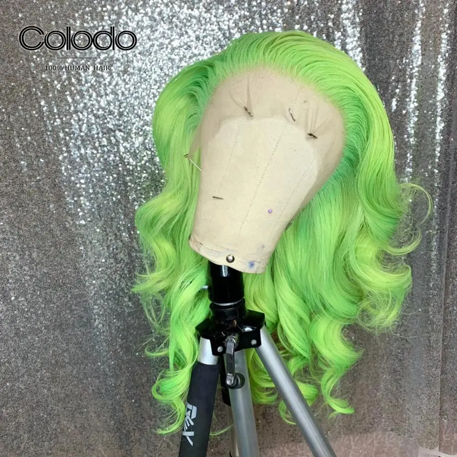 Green Lace Wig COLODO Preplucked серый цвет 13x6 человеческие волосы на кружеве парики Безглютеновые волосы remy бразильский парик с крупными волнами с волосами младенца синий парик - Цвет: Green Lace Wig