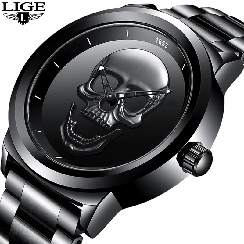 LIGE Men Skull Watch Brands Luxury Stainless Steel Quartz Watches Mens Business Fashion Waterproof Retro Clock Relogio Masculino