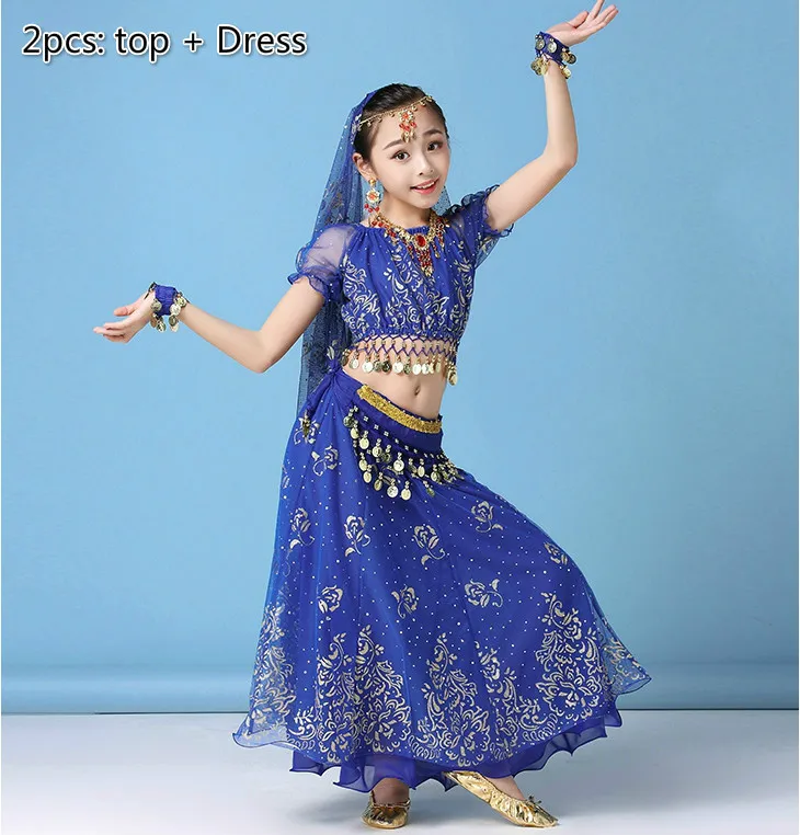 2pcs dark blue Детские костюмы танец живота для индийских танцев Болливудский костюм сцены модная одежда для девочек живота платье для танцев комплект индийская одежда - Цвет: 2pcs dark blue