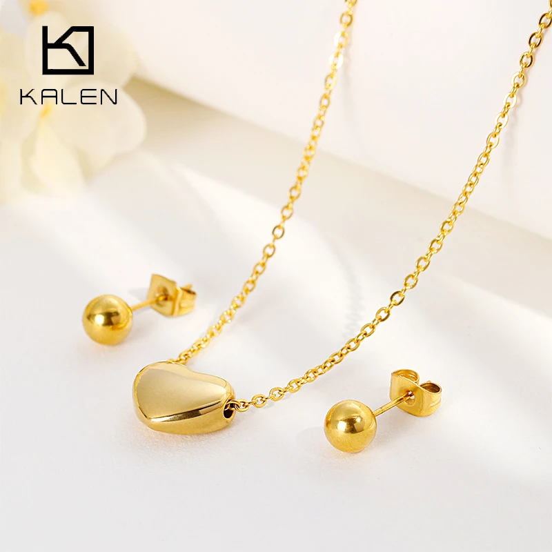 

Kalen Love Heart Necklaces & Earrings Sets For Women Gold Color Stainless Steel Jewelry Sets Smooth Mini Heart Wedding Gifts