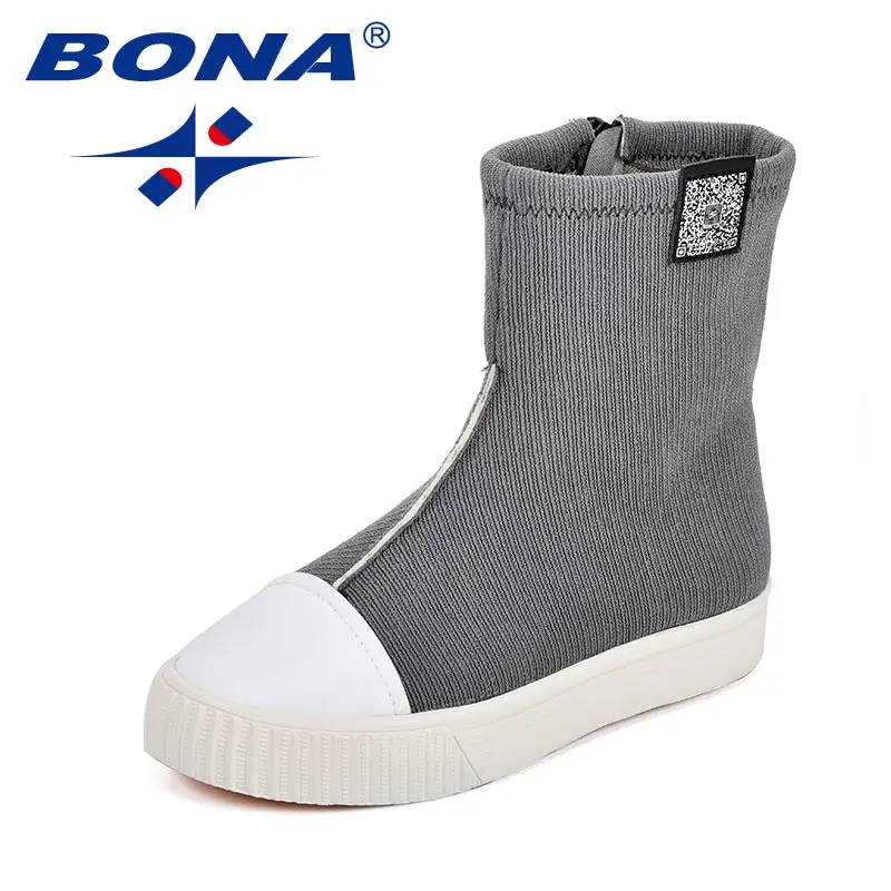 LIGHT GREY BONA/ стиль для девочек; модные ботфорты для детей; удобные ботинки до колена; голова ракушек; сезон осень; лайкра стрейч ткани; вязаная детская обувь - Цвет: LIGHT GREY