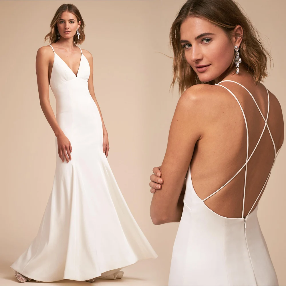 Simple Spaghetti Straps V-neck Satin Vestidos De Novia Backless Mermaid Maxi Wedding Dresses Beach Bridal Little White | Свадьбы и