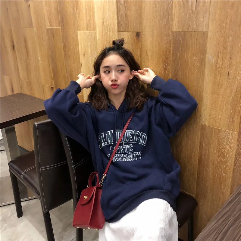 Женские толстовки с капюшоном, свободные, с буквенным принтом, Kawaii, Harajuku, подходят ко всему, с большими карманами, Корейская Студенческая мягкая верхняя одежда, женские повседневные женские свитшоты