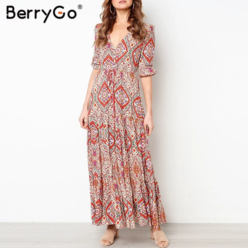 BerryGo Boho платье с цветочным принтом Длинные платья для женщин Лето плюс размер v