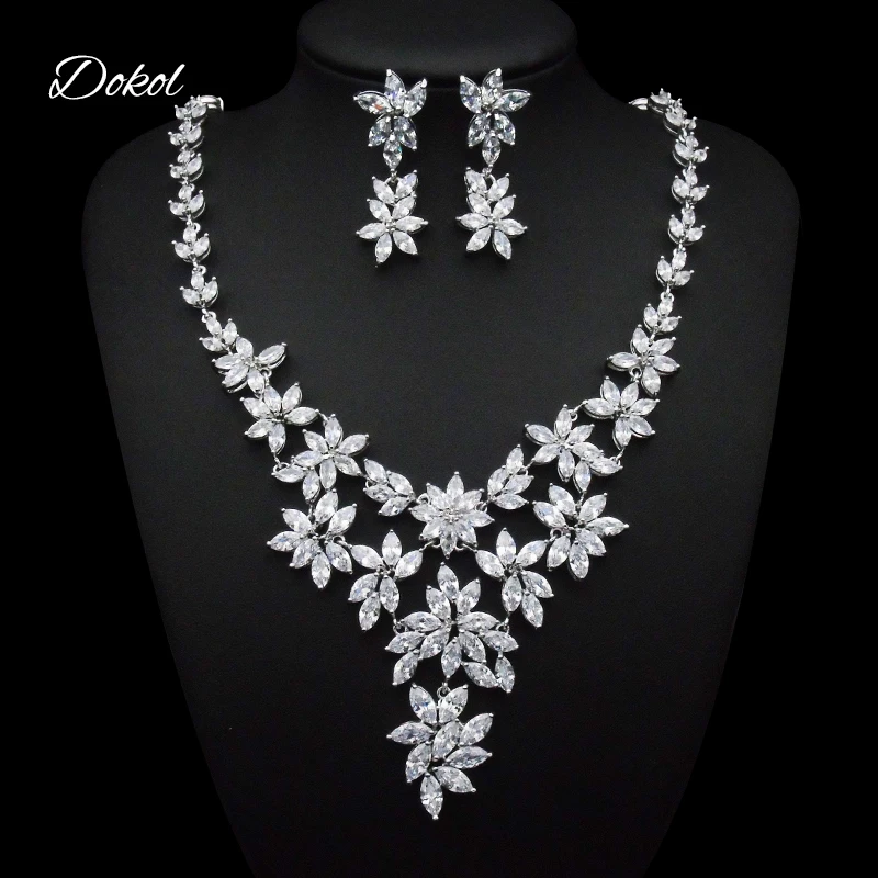 

DOKOL Luxury CZ Flower Cluster Bridal Necklace Sets Silver Color Marquise Cut Zircon Wedding Jewelry Set bijoux femme DKS0038