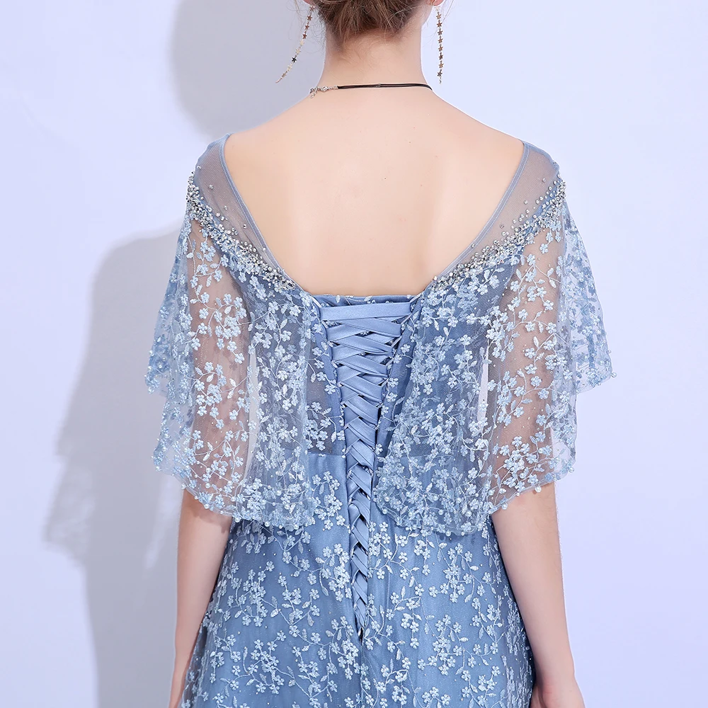 Женское вечернее платье SSYFashion серое/синее кружевное длиной до пола с вышивкой и