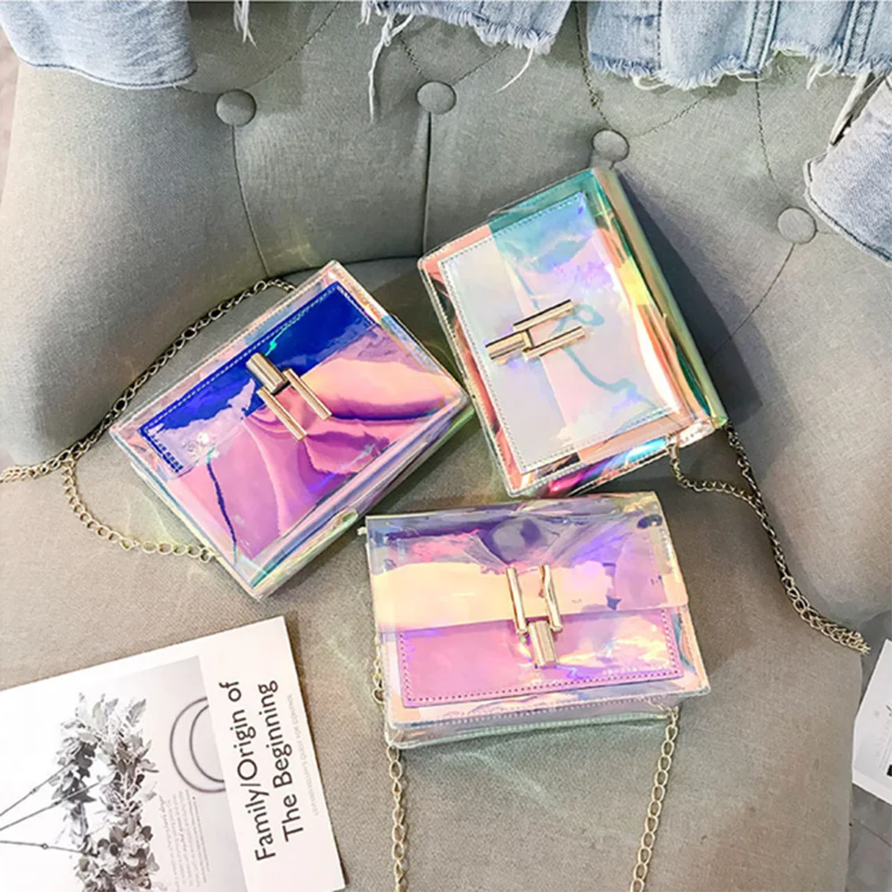 

Fashion Laser Transparent Bag Women Korean Style Shoulder Bag Beach Waterproof Crossbody Messenger Clutch Chain Tote Purses