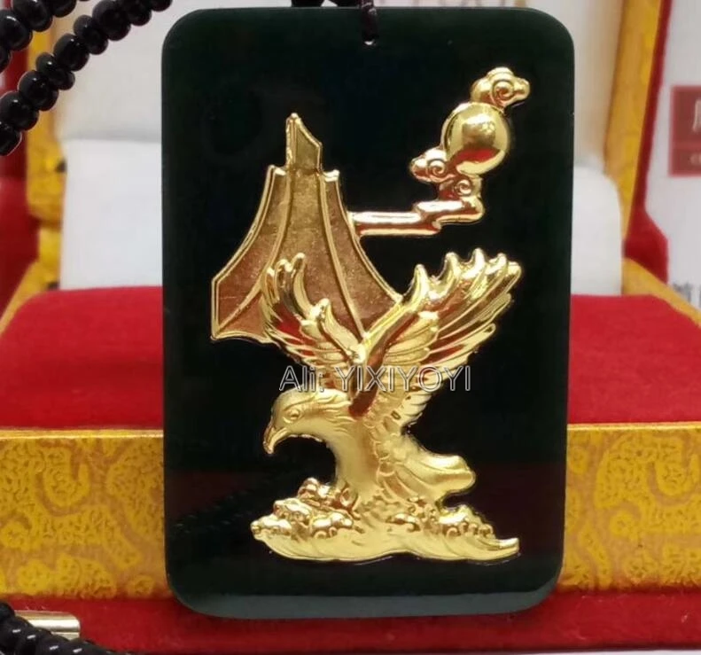 Чудесный натуральный черный зеленый гетянь нефрит + 18K золото инкрустированный