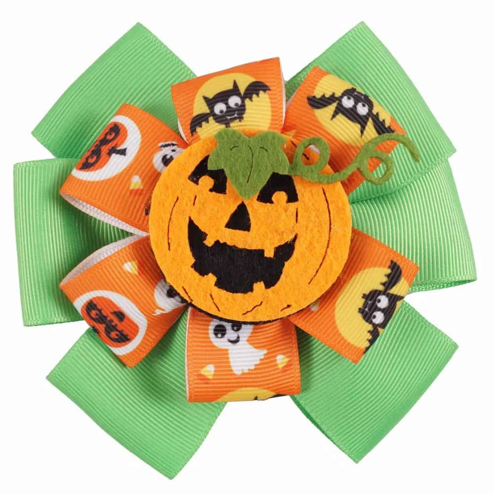 

2pcs/lot 4.5"Cute Halloween Hair Bow With Pumpkin Smile Dot Printed Ribbon Two Layers Hairgrips Hair Accessories For Girls