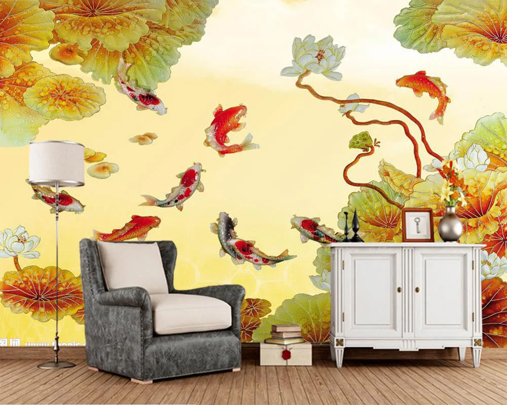 

Chinese style Embossed goldfish lotus 3d wallpaper murals,living room TV sofa wall bedroom kitchen wall papers home decor