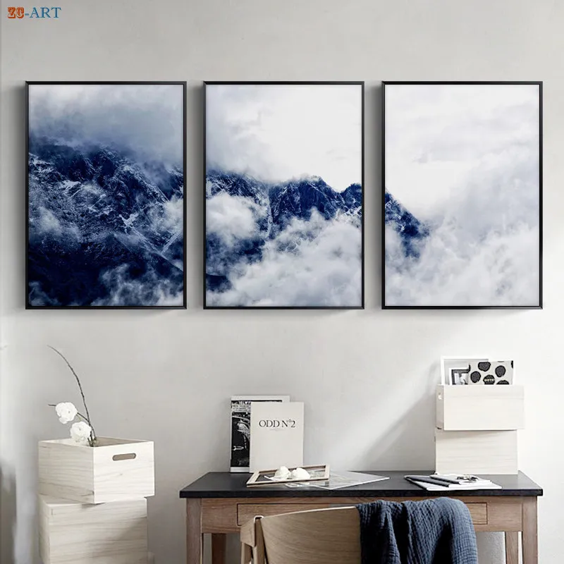 Туманной горы печати Индиго Лес Холст Картина минималистский синий Wall Art