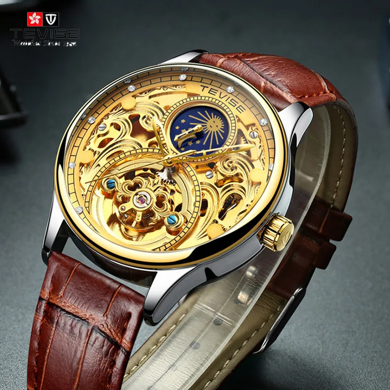 Tevise кожаные механические Автоматические часы для мужчин бизнес турбийон Лунная