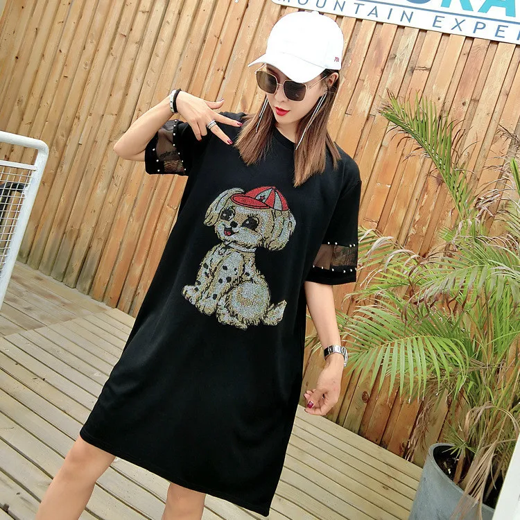 Vefadisa Mesh Patchwork Summer Dresses 2018 Cartoon Dog Pattern Dress for Women Rhinestone Decoration Plus Size AD1670 | Женская одежда