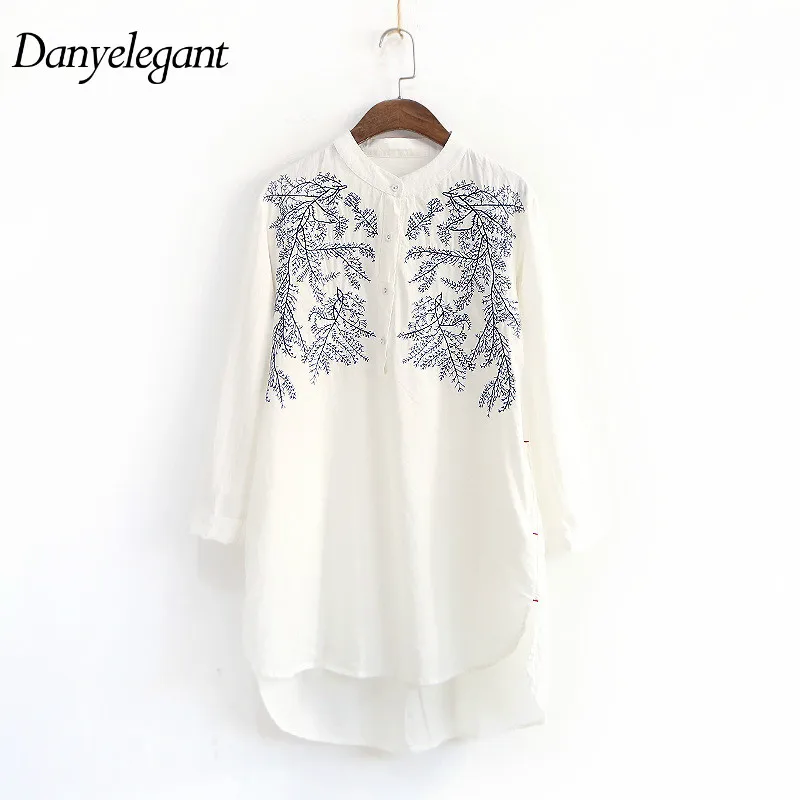 2017 Spring and Summer Fresh Women's Vintage Stand Collar Pullover Embroidery Branches Medium-long White Long-sleeve Shirt |