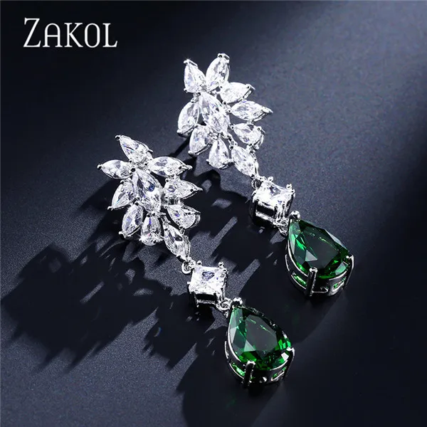Green ZAKOL классические Висячие Серьги капли воды кубический циркон Свадебные украшения для женщин обручение FSEP659 - Окраска металла: Green