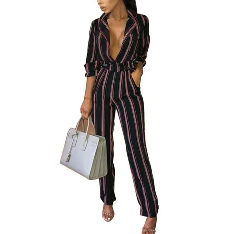 fashion striped printed jumpsuits for women 2018 turn down collar long rompers womens jumpsuit autumn new overalls femininos | Женская
