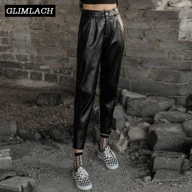 Autumn Women Large Size 4XL Leather Harem Pants Casual Real Leather Lambskin Pencil Pants Ladies Streetwear Female Slim Trousers