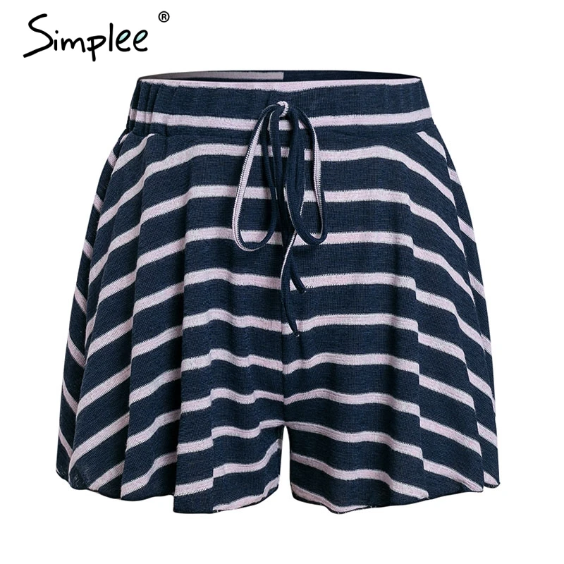 Navy Blue Женские желтые трикотажные шорты Simplee, повседневные полосатые шорты с высокой талией для лета, винтажные свободные пляжные шорты на шнурке, актуальны в году - Цвет: Navy Blue