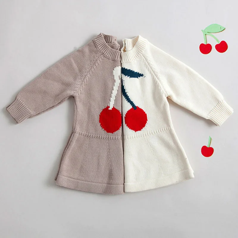 2019 Spring Autumn Casual Cherry Printing Sweater Baby Girls Dress Kids Princess Pure Cotton Long Sleeve Children Clothes | Детская