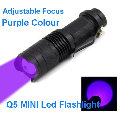 

Free DHL Fedex 50pcs/lot Q5 Mini Led Flashlight Torch 5w 300lm Purple Colour Adjustable Focus Zoom Light Lamp