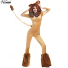 S-XL для взрослых женщин Хэллоуин животных вечерние Карнавальный костюм для детей, с рисунком в виде льва плюша на меху с капюшоном и комбинезон король лев костюм