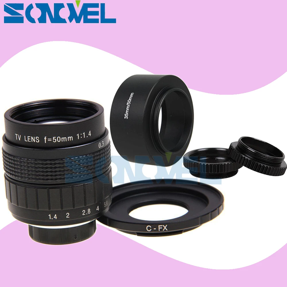 Купи 50 мм F1.4 CCTV TV Movie lens + C Mount + макрокольцо + бленда объектива для Fuji Fujifilm X-E2 X-E1 X-Pro1 X-Pro2 X-M1 X-A3 X-A2 X-A1 X-T1 за 1,800 рублей в магазине AliExpress