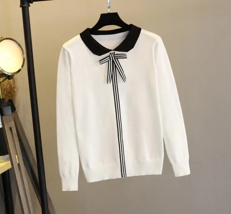 2018 Women Korean Sweaters Peter-Pan Collar Preppy Style Lolita Knit Pullovers Loose Causal Knitting Jumpers with Bow Ties Женская