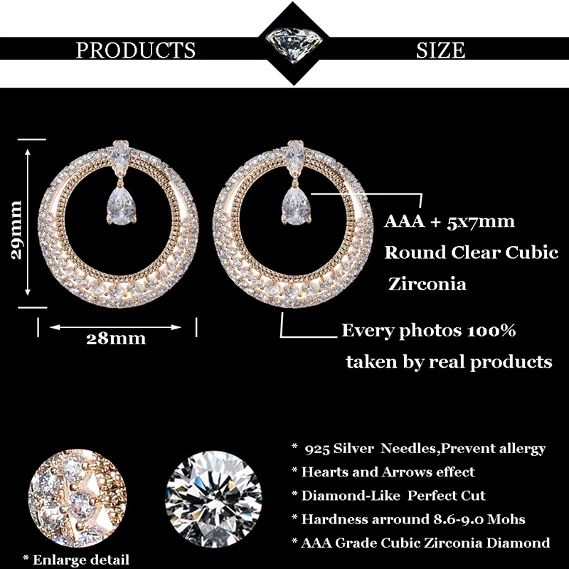 Luxury AAA Zircon Round Crystal Earings with stone S925 silver needle Pendant Circle Dangle Earing Rhinestone Jewelry accessory | Украшения