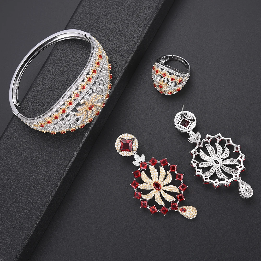 missvikki Vintage New Fashion Women's Jewelry Red Austria Crystal Big Necklace Bangle Earrings Ring Set Charm Female | Украшения и