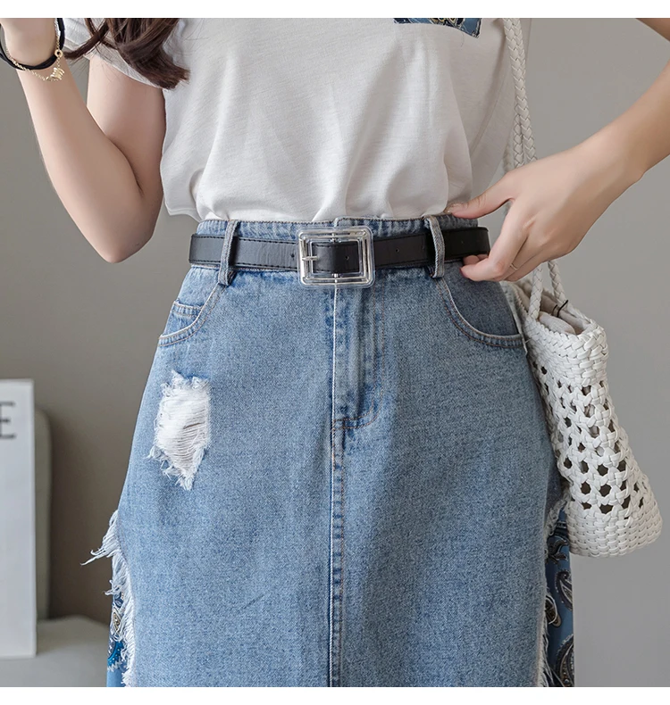 Trytree Summer Women two piece set Casual O-Neck Tops+ Skirt Demin Patchwork Print Hem Belt Pocket Suit Office Lady 2 Piece Set
