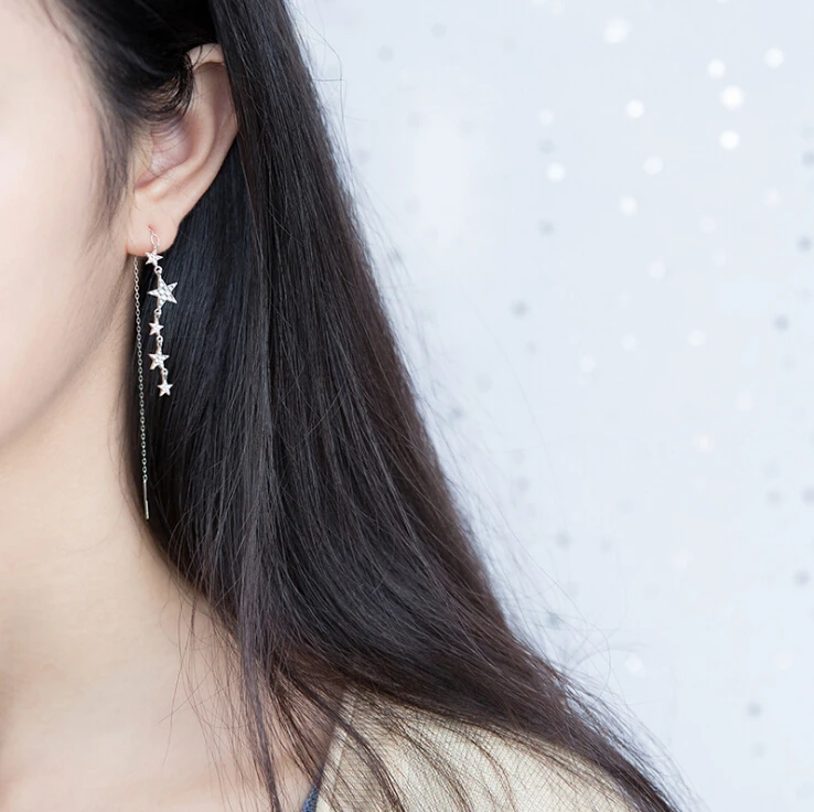Женские длинные серьги подвески с серебряными звездами|925 sterling silver|925 silver sterlingsilver