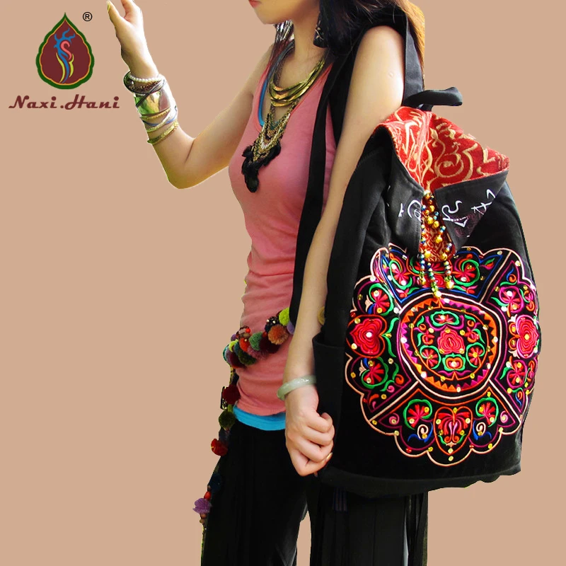 Naxi.Hani brand women bag Ethnic embroidery canvas Backpacks Vintage Fashion black  Travel Backpacks