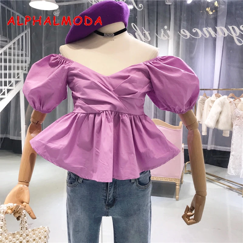 Женская блузка с рукавами фонариками ALPHALMODA глубоким v образным вырезом