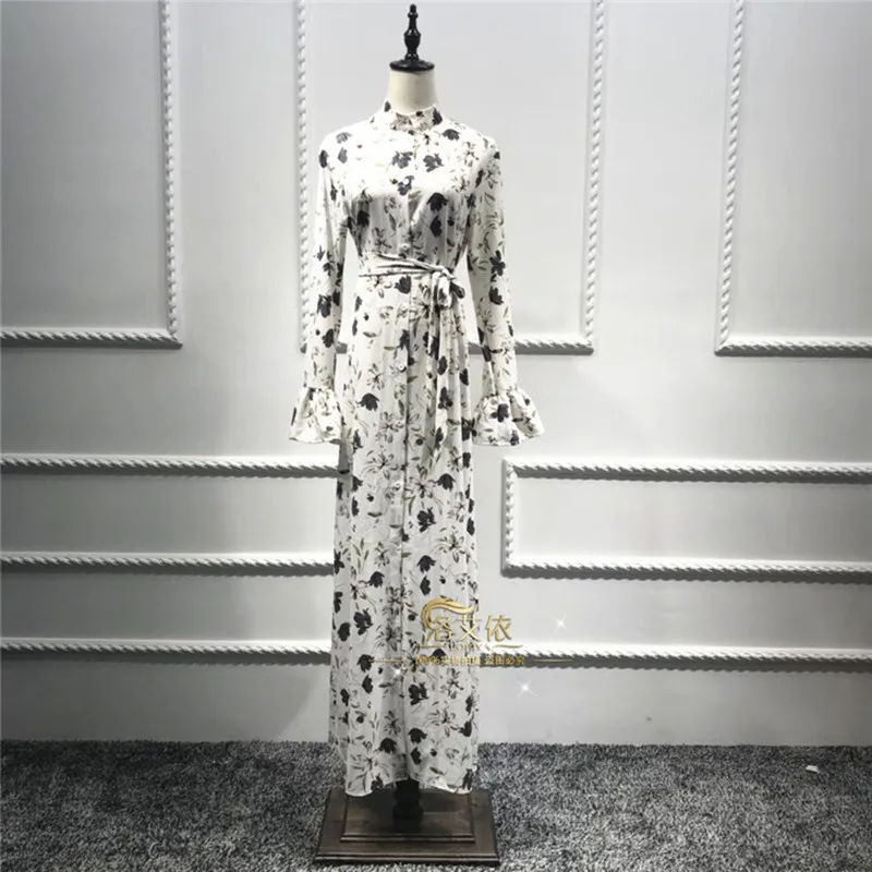 Женская мусульманская одежда Abayas макси платье с длинным рукавом и цветочным