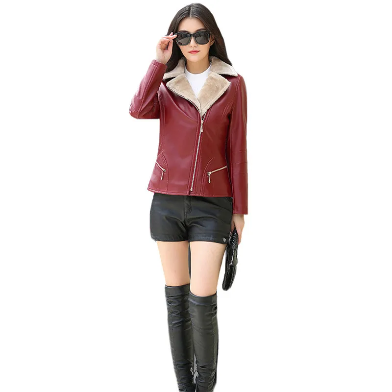 Wine red Куртка женская черная винно-красная L-7XL плюс размер пальто из искусственной кожи новая осенне-зимняя Корейская короткая тонкая плюс бархатная куртка JD343 - Цвет: Wine red