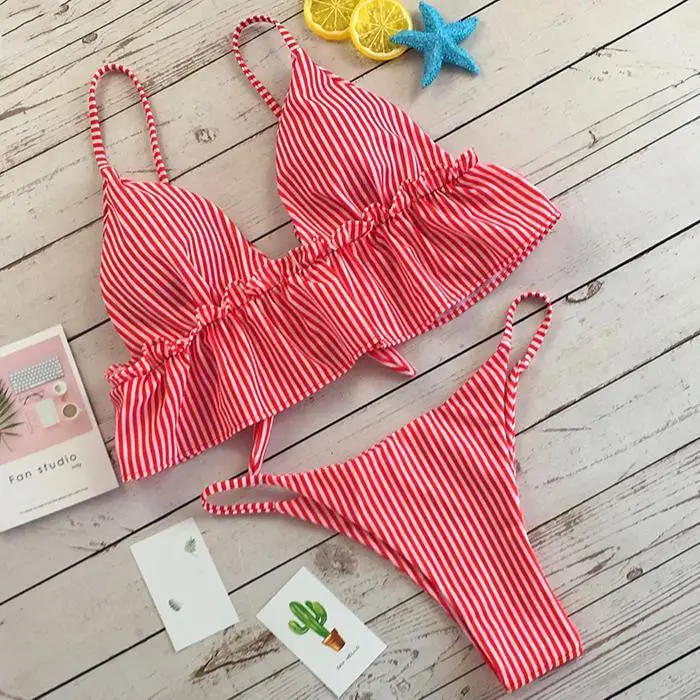 Женский сексуальный купальник без рукавов в полоску с оборками открытой спиной