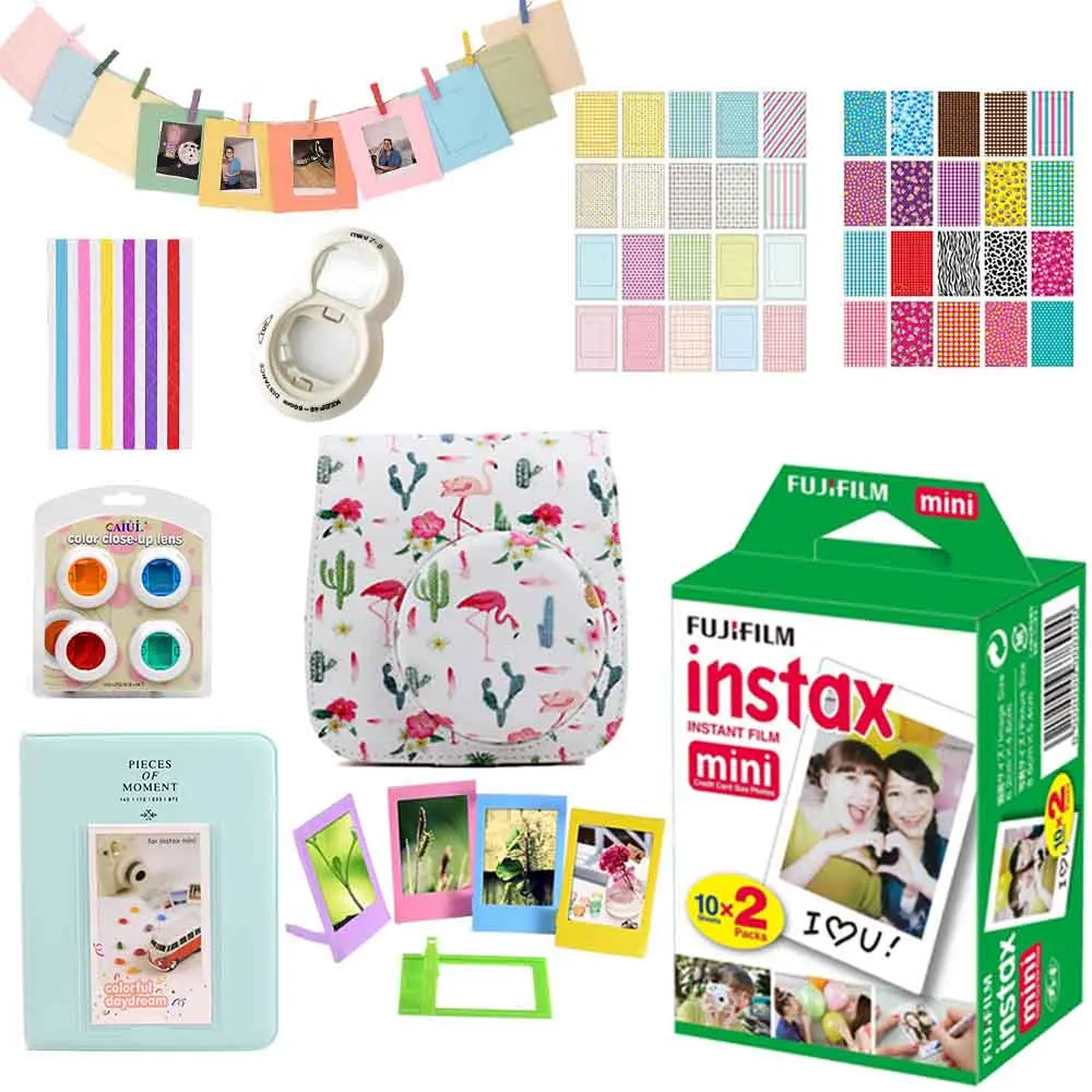 Flamingo Cactus Set Для Fujifilm Instax Mini 8 Mini 9 мгновенная фото камера из искусственной кожи чехол сумка чехол+ 20 листов Instax Mini плёнки+ набор аксессуаров - Цвет: Flamingo Cactus Set