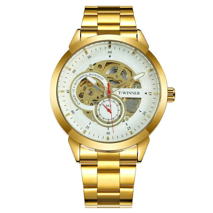 GOLD WHITE Роскошные Брендовые мужские часы Победитель автоматические механические часы с скелетом мужские золотые часы с ремешком из нержавеющей стали деловые часы Wirstwatch - Цвет: GOLD WHITE